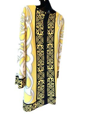 Yellow & White Long Sleeve Shift Dress With Ornate Black Pattern Accents